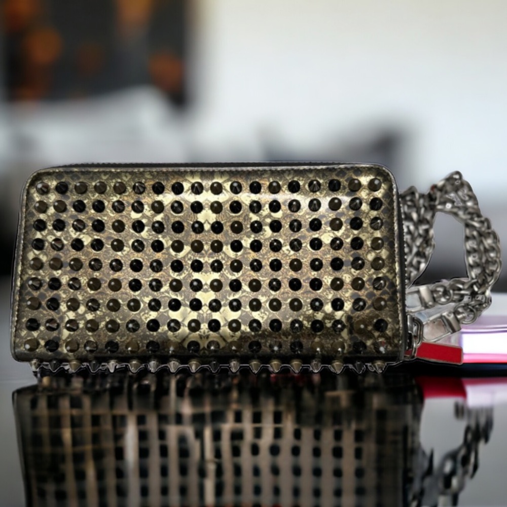 AUTHENTIC CHRISTIAN LOUBOUTIN CAMOUFLAGE SPIKE ZIPPY WALLET AND CHAIN